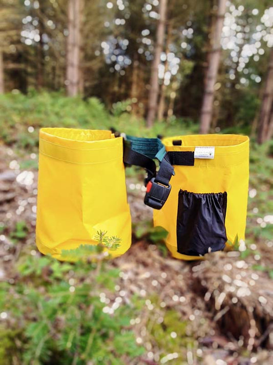 PLANTEM Double Tree Planting Bag with a padded belt in woodland next to tree saplings