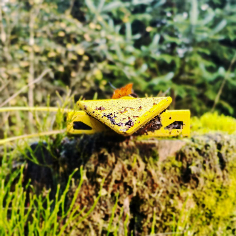 PLANTEM Short Dibber lying on an old mossy tree stump, end view showing the tools triangular cross section to make a planting pocket