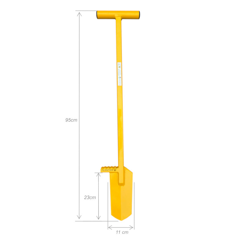 Dimensions of the tree planting spear, 95cm tall with a 23cm long blade 11cm wide.