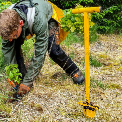 Man planting sessile oak tree sapling in woodland using PLANTEM Dibber and tree planters bags